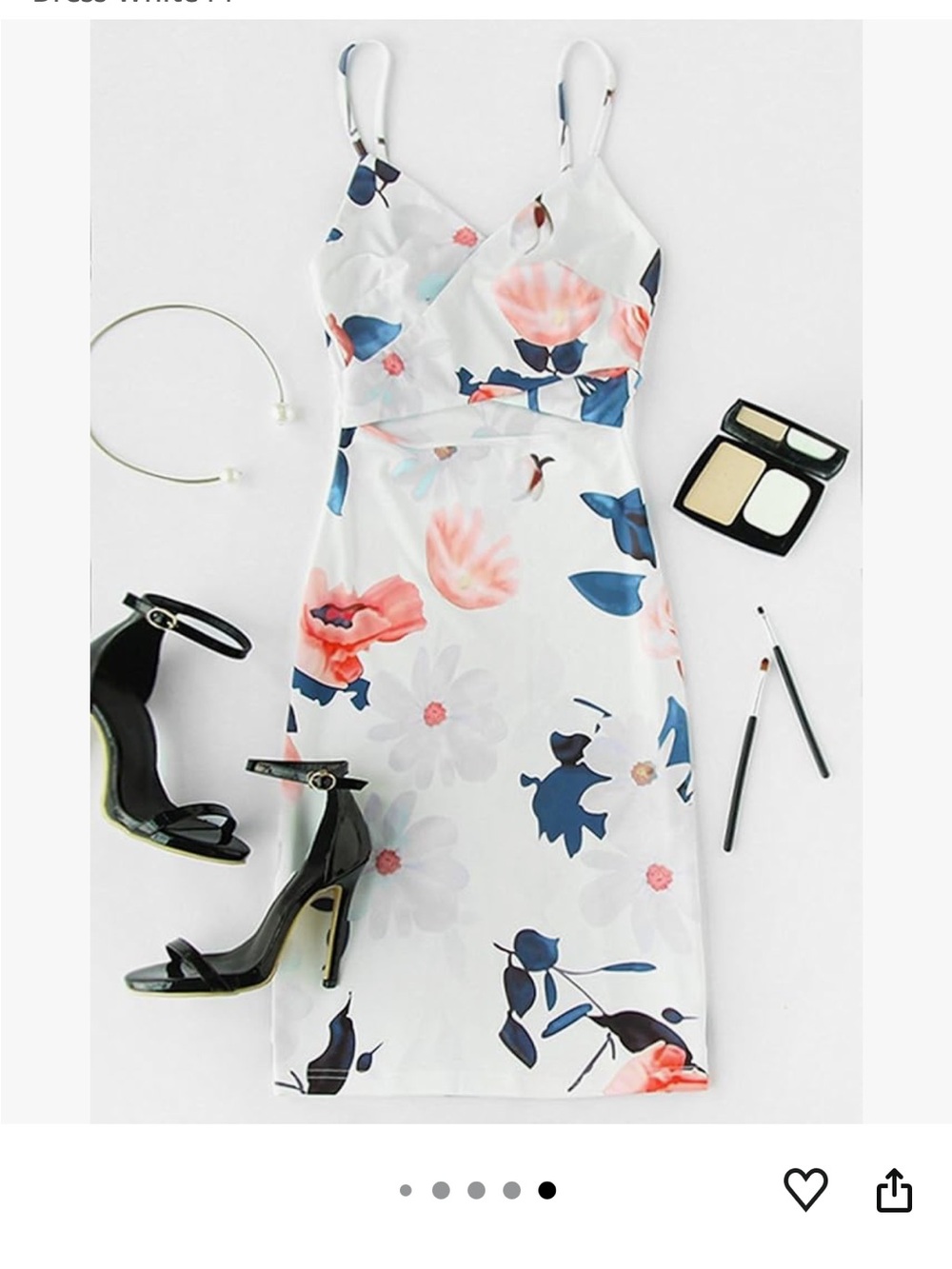 White Floral Spaghetti-Strap Midi Dress with Coral & Navy Accents